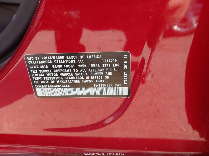 2016 VOLKSWAGEN PASSAT 1.8T S - 1VWAS7A30GC013644