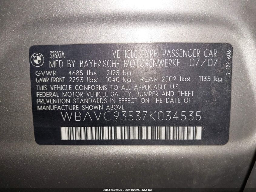 2007 BMW 328Xi VIN: WBAVC93537K034535 Lot: 42472926