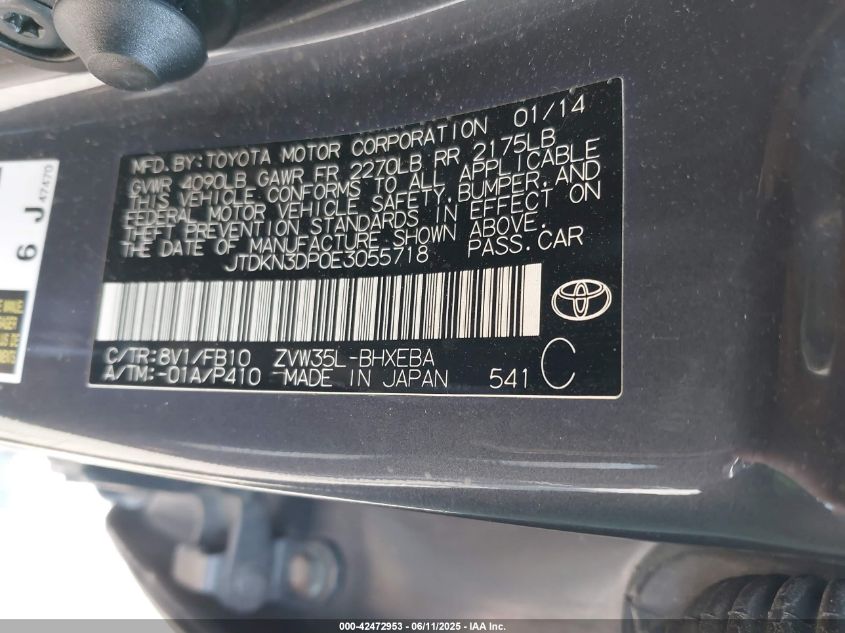 2014 Toyota Prius Plug-In VIN: JTDKN3DP0E3055718 Lot: 42472953