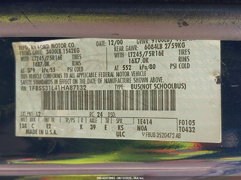 2001 Ford E-350 Super Duty Xl/Xlt VIN: 1FBSS31L41HA87132 Lot: 42472963