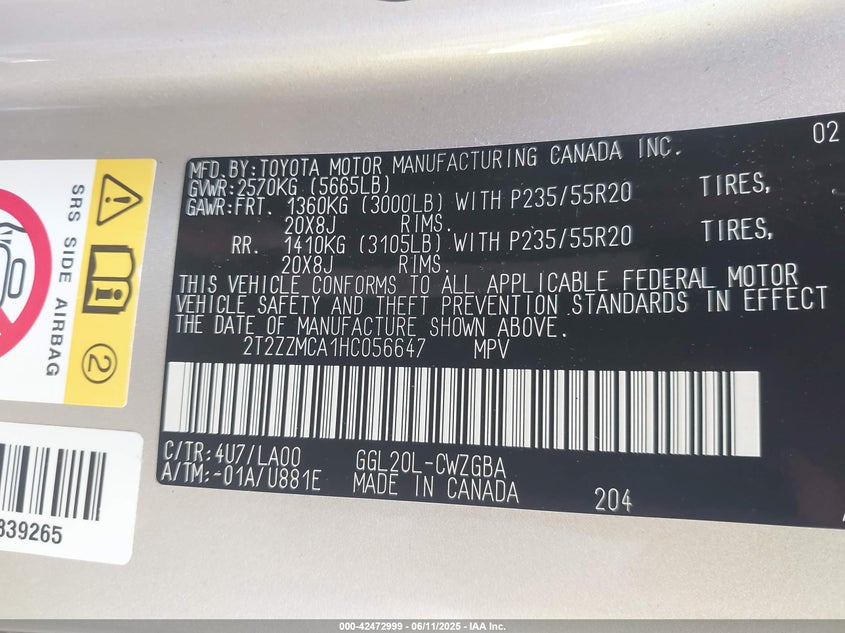 2017 LEXUS RX VIN: 2T2ZZMCA1HC056647