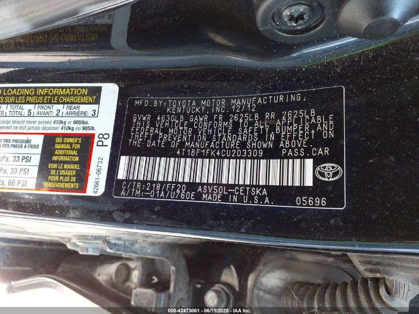 2012 Toyota Camry Se Limited Edition VIN: 4T1BF1FK4CU203309 Lot: 42473061