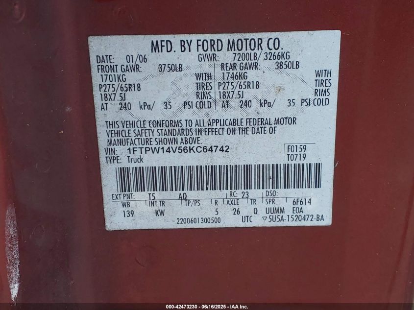 2006 Ford F-150 Fx4/Lariat/Xlt VIN: 1FTPW14V56KC64742 Lot: 42473230