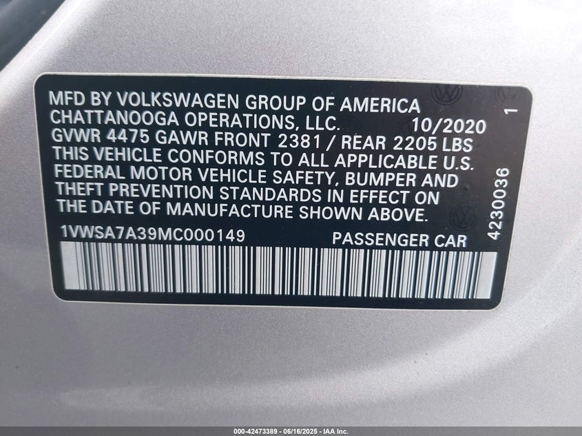 2021 VOLKSWAGEN PASSAT 2.0T SE - 1VWSA7A39MC000149