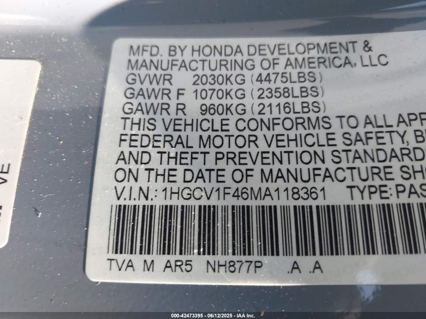 2021 Honda Accord Sport Special Edition VIN: 1HGCV1F46MA118361 Lot: 42473395