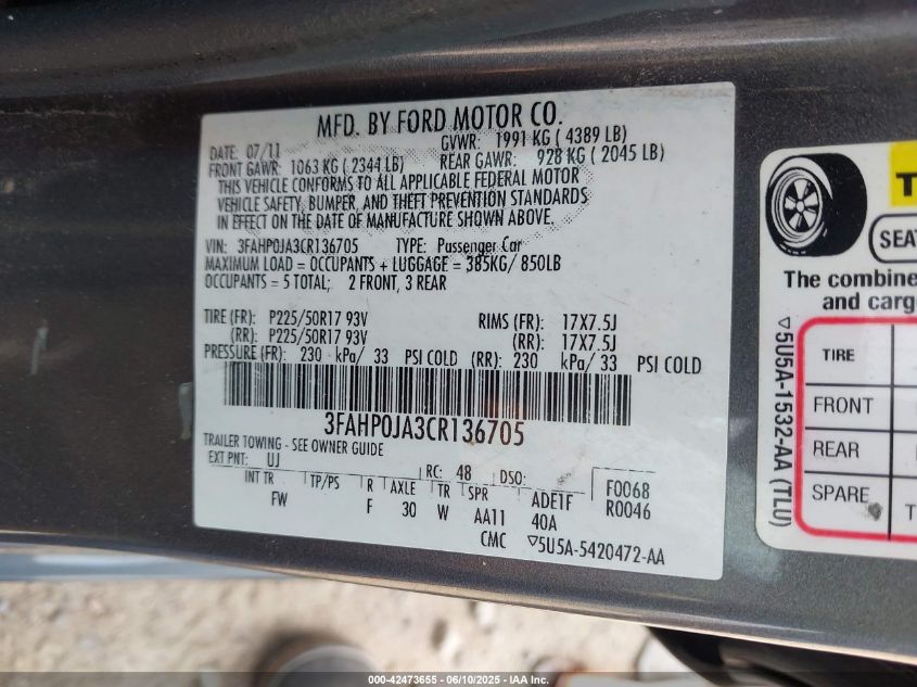 2012 Ford Fusion Sel VIN: 3FAHP0JA3CR136705 Lot: 42473655