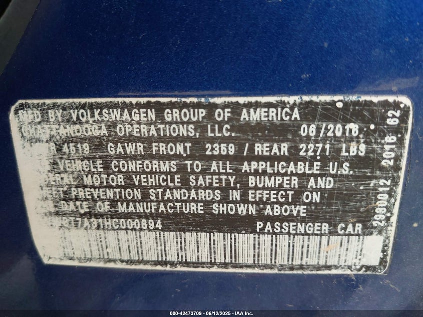 2017 VOLKSWAGEN PASSAT 1.8T SE - 1VWBT7A31HC000694