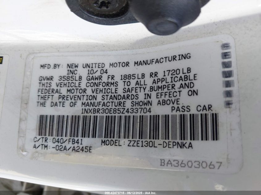 2005 Toyota Corolla Le VIN: 1NXBR30E85Z433704 Lot: 42473715