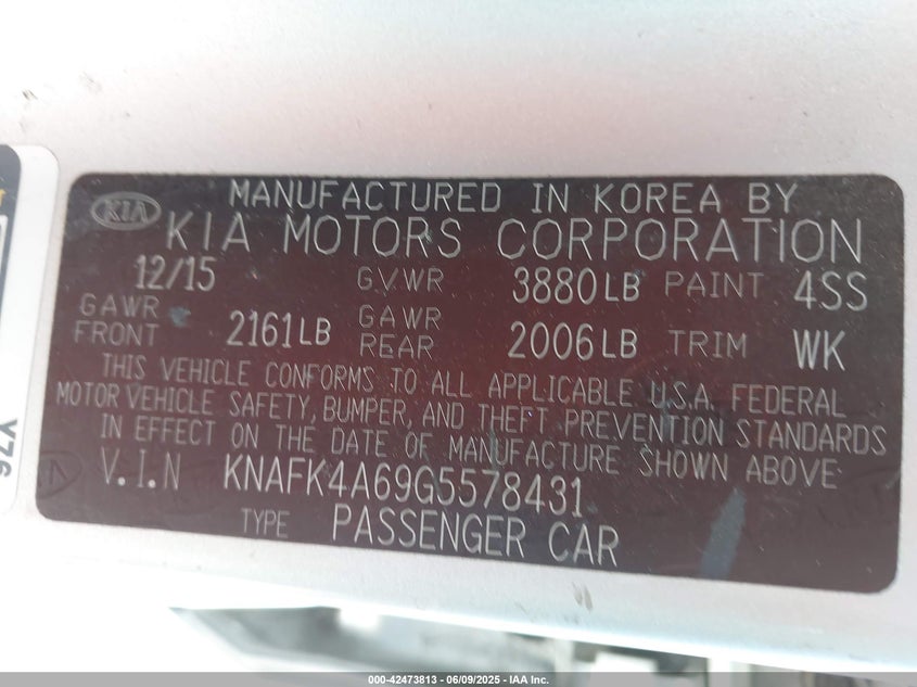 2016 KIA FORTE VIN: KNAFK4A69G5578431