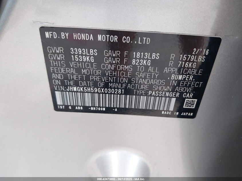 2016 HONDA FIT LX - JHMGK5H59GX030281