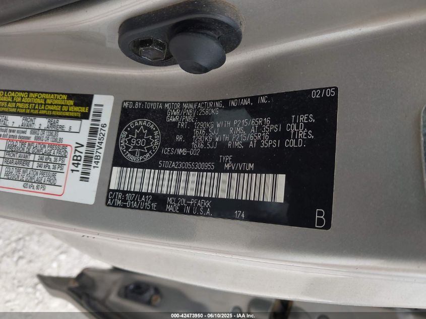 2005 Toyota Sienna Ce 7 Passenger/Ce 8 Passenger/Le 7 Passenger/Le 8 Passenger VIN: 5TDZA23C05S300955 Lot: 42473950