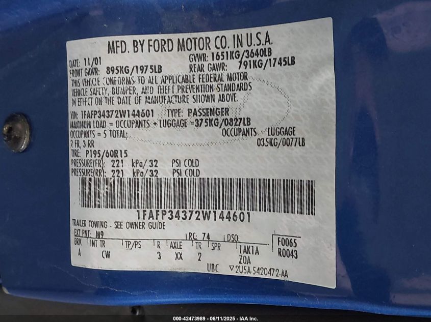 2002 Ford Focus Se VIN: 1FAFP34372W144601 Lot: 42473989