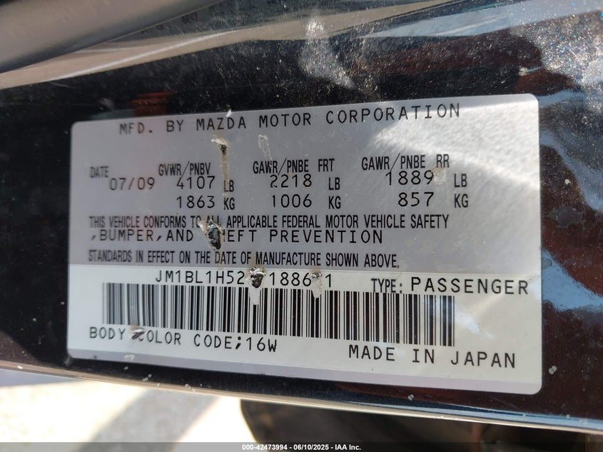 2010 MAZDA MAZDA3 VIN: JM1BL1H52A1188621