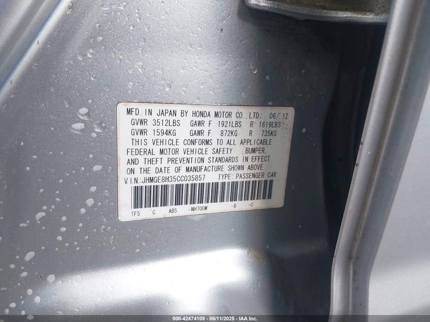 2012 HONDA FIT VIN: JHMGE8H35CC035857