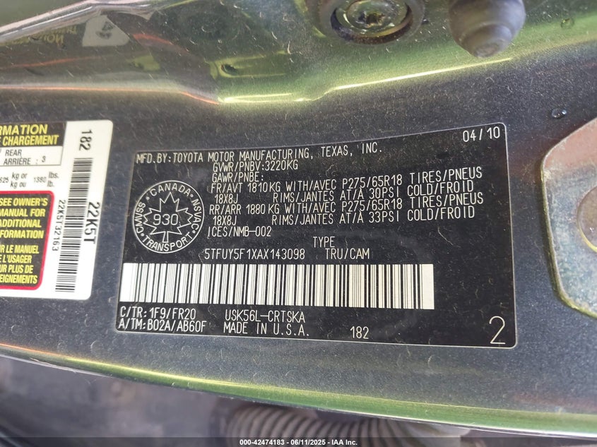 2010 TOYOTA TUNDRA VIN: 5TFUY5F1XAX143098