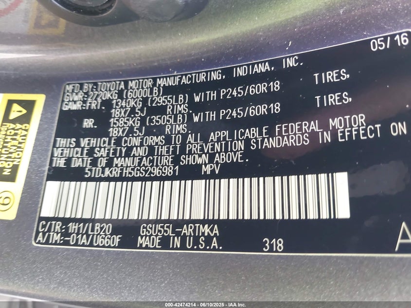 2016 TOYOTA HIGHLANDER XLE V6 - 5TDJKRFH5GS296981