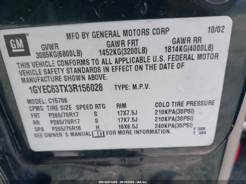 2003 Cadillac Escalade Standard VIN: 1GYEC63TX3R156028 Lot: 42474305