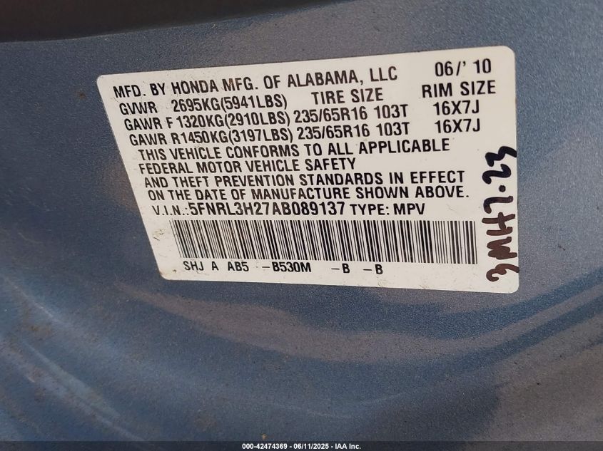 2010 Honda Odyssey Lx VIN: 5FNRL3H27AB089137 Lot: 42474369