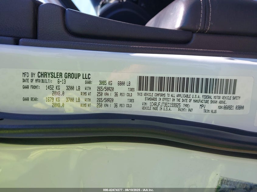 2014 JEEP GRAND CHEROKEE VIN: 1C4RJFJT3EC159925