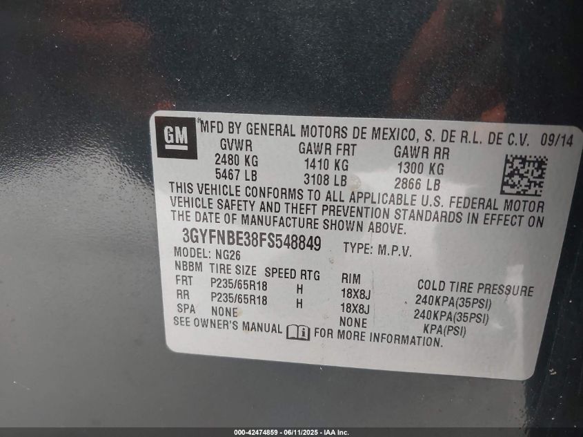 2015 Cadillac Srx Luxury Collection VIN: 3GYFNBE38FS548849 Lot: 42474859