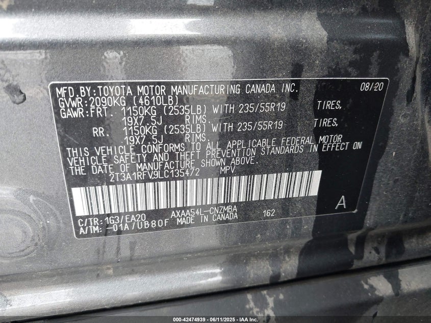 VIN 2T3A1RFV9LC135472 2020 TOYOTA RAV4 XLE PREMIUM