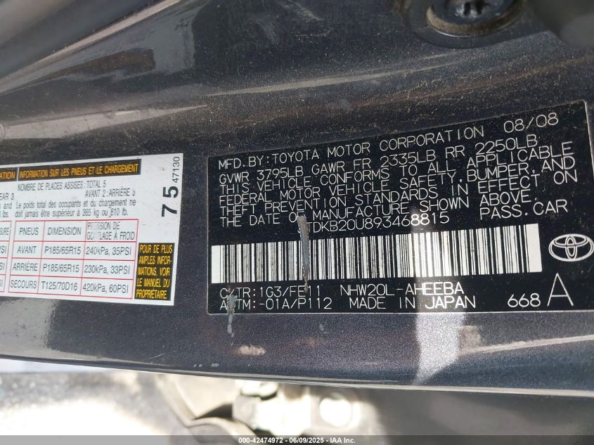 2009 Toyota Prius VIN: JTDKB20U893468815 Lot: 42474972