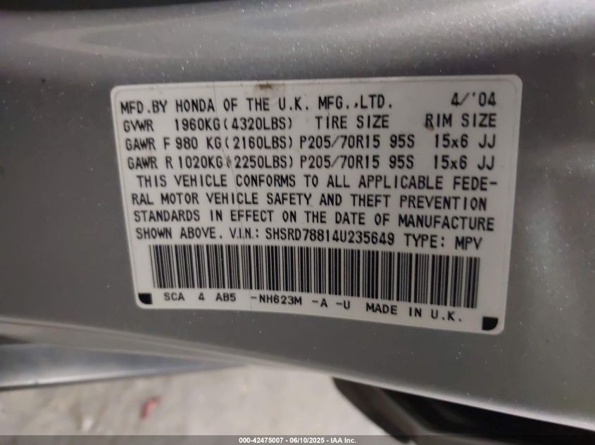 2004 Honda Cr-V Ex VIN: SHSRD78814U235649 Lot: 42475007