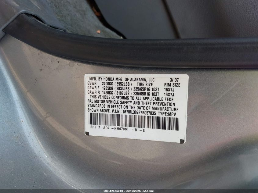 2007 Honda Odyssey Ex-L VIN: 5FNRL38787B057835 Lot: 42475010