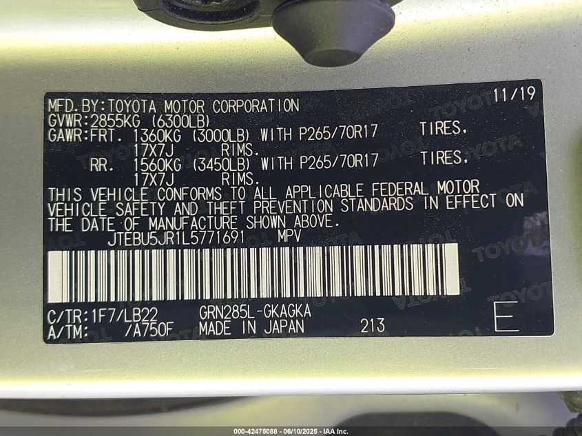 2020 Toyota 4Runner Sr5 Premium VIN: JTEBU5JR1L5771691 Lot: 42475088