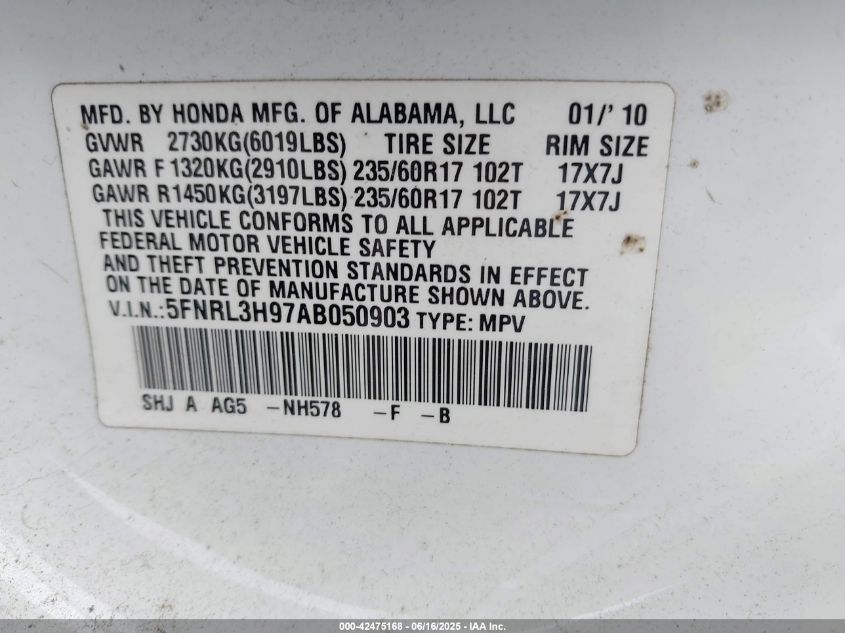 2010 Honda Odyssey Touring VIN: 5FNRL3H97AB050903 Lot: 42475168