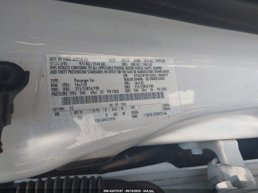 2014 FORD FOCUS VIN: 1FADP3F22EL166507