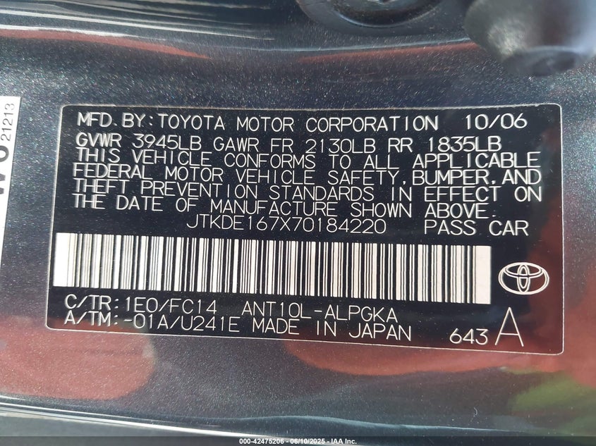 2007 TOYOTA SCION TC VIN: JTKDE167X70184220