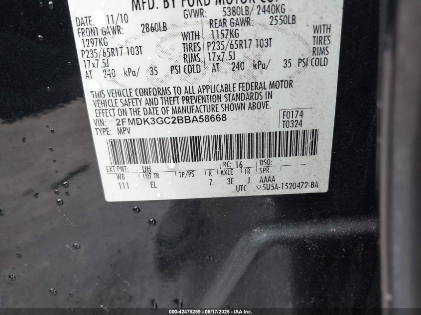 2011 Ford Edge Se VIN: 2FMDK3GC2BBA58668 Lot: 42475259