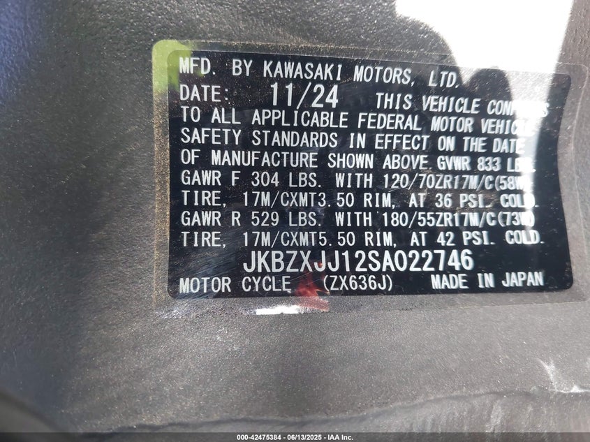 VIN JKBZXJJ12SA022746 2025 KAWASAKI ZX636 K