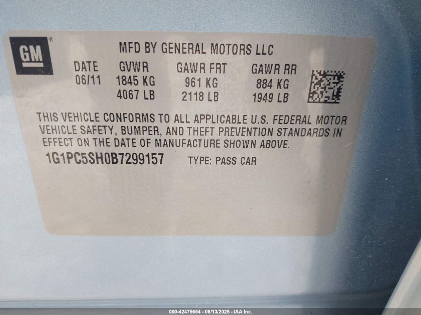 2011 Chevrolet Cruze Ls VIN: 1G1PC5SH0B7299157 Lot: 42475654