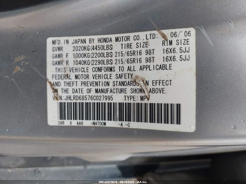 2006 Honda Cr-V Lx VIN: JHLRD68576C027995 Lot: 42475676