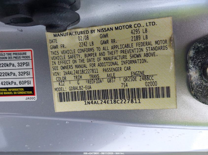 2008 Nissan Altima 2.5 S VIN: 1N4AL24E18C227811 Lot: 42475691