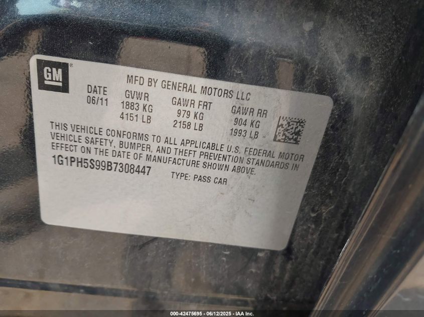 2011 Chevrolet Cruze Ltz VIN: 1G1PH5S99B7308447 Lot: 42475695