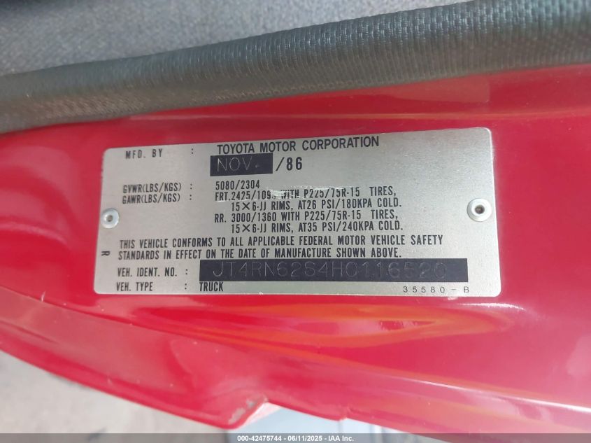 1987 Toyota 4Runner Rn60 VIN: JT4RN62S4H0116520 Lot: 42475744
