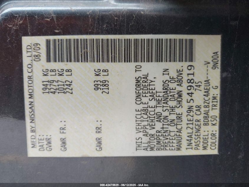 2009 Nissan Altima 2.5 S VIN: 1N4AL21E29N549819 Lot: 42475929