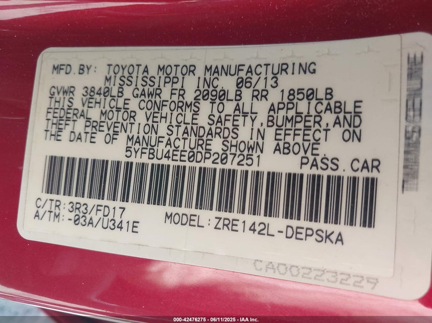 2013 Toyota Corolla S VIN: 5YFBU4EE0DP207251 Lot: 42476275