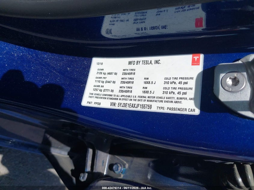 2018 TESLA MODEL 3 VIN: 5YJ3E1EAXJF155759