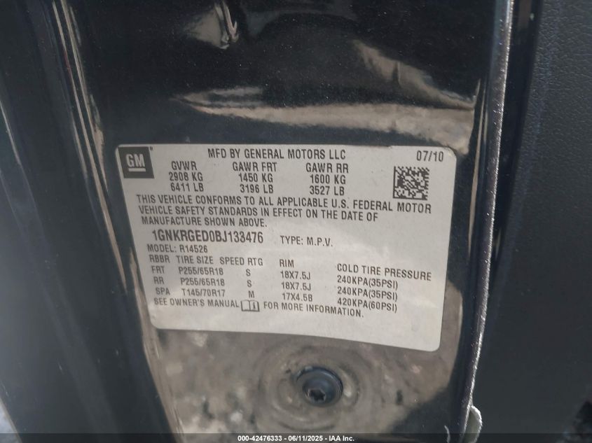 2011 Chevrolet Traverse 1Lt VIN: 1GNKRGED0BJ133476 Lot: 42476333