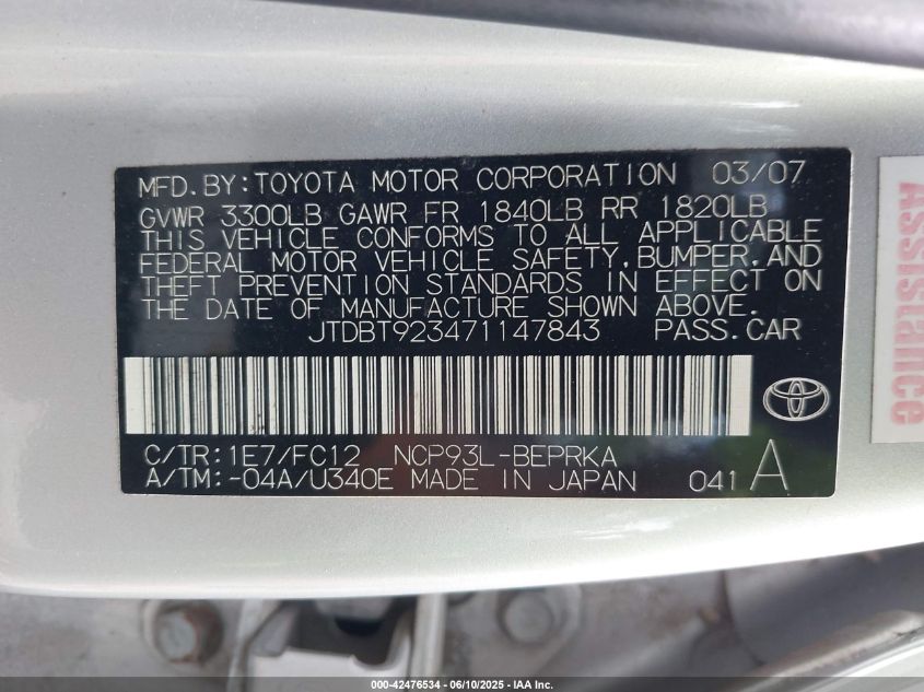 2007 Toyota Yaris VIN: JTDBT923471147843 Lot: 42476534