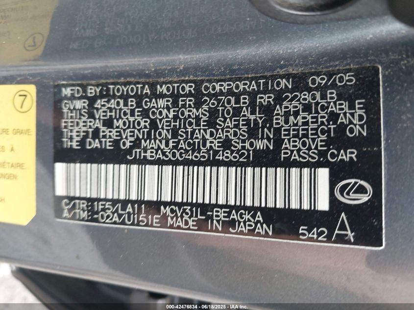 2006 Lexus Es 330 VIN: JTHBA30G465148621 Lot: 42476834