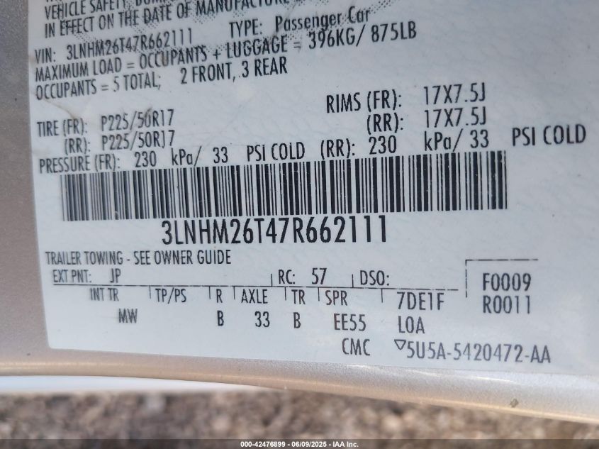 2007 Lincoln Mkz VIN: 3LNHM26T47R662111 Lot: 42476899