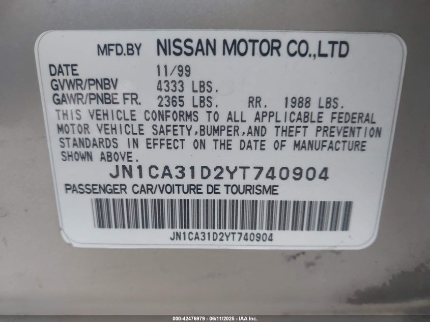 2000 Nissan Maxima Gle/Gxe/Se VIN: JN1CA31D2YT740904 Lot: 42476979