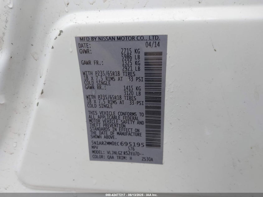 2014 NISSAN PATHFINDER SL - 5N1AR2MM0EC695195