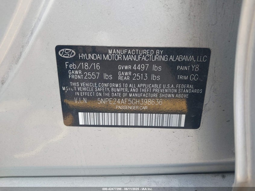 2016 HYUNDAI SONATA VIN: 5NPE24AF5GH398636