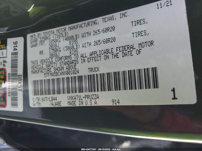 2022 Toyota Tundra - 5TFMA5BC4NX001024